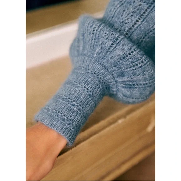 SEZANE Blue Mohair Wool V Neck Crossover Cristina Sweater Balloon Sleeve Jumper - Picture 5 of 17